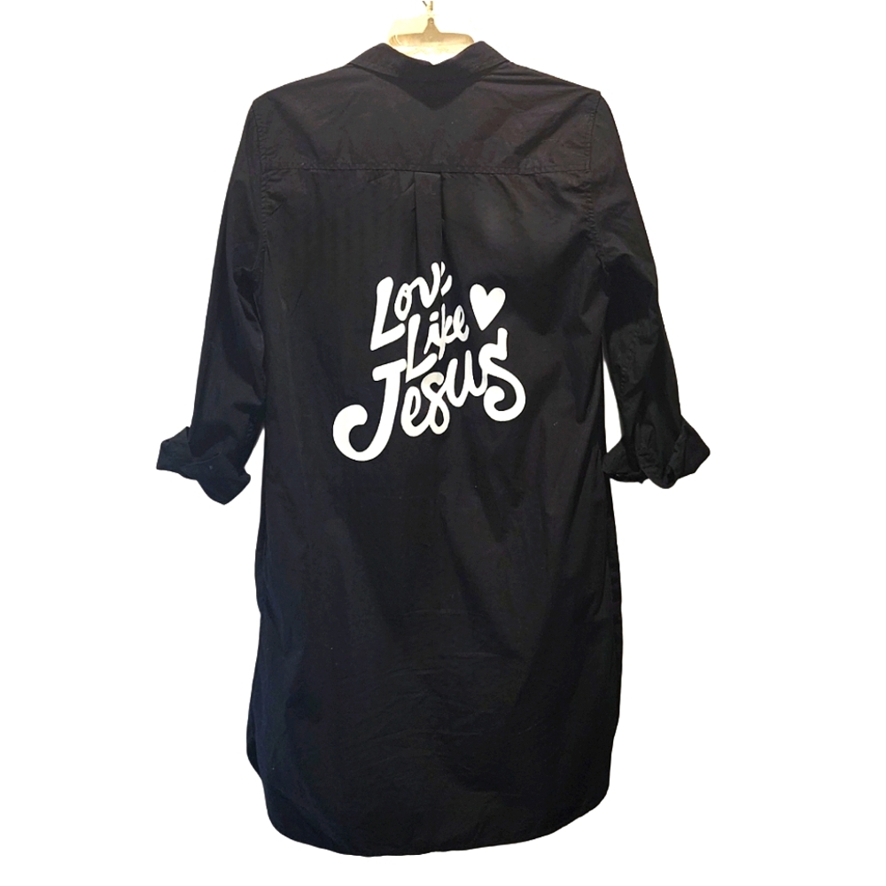Love Like Jesus Custom Upcycled Long Black Cotton Smock Shirt Top, Small